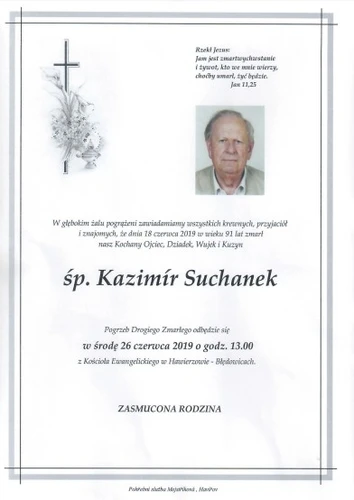 Smutočné oznámenie o úmrtí farára Kazimíra Suchaneka
